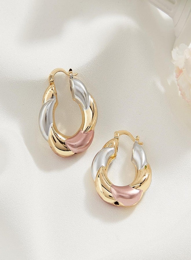 disclean Women's Tri Color Twisted Hoop Earrings - Gold Silver and Rose Gold Tone Trendy Statement Earrings - Image 4